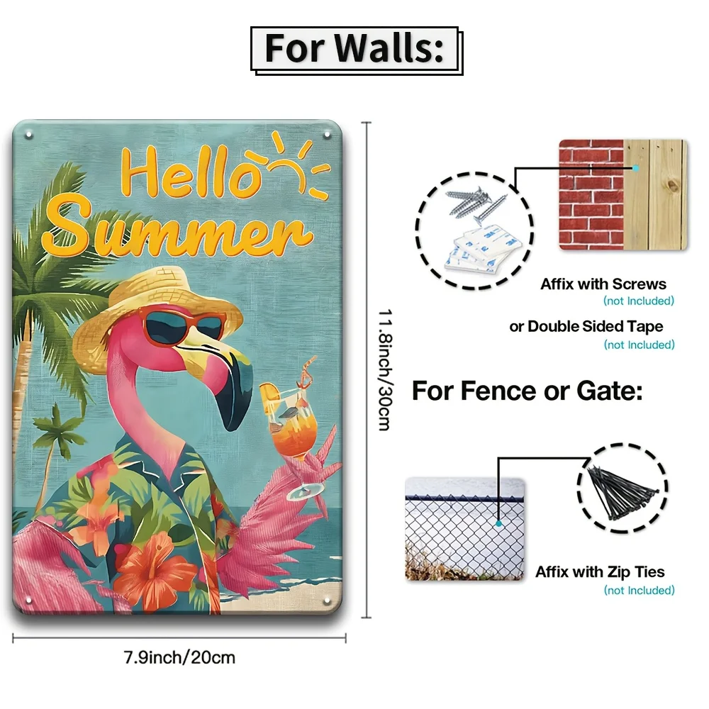 2D Flat - Vintage Summer Beach Metal Sign Set, Total 5pcs, Each Piece 20.32 X 30.48 cm, Designed for Easy Hanging in Backyard, B