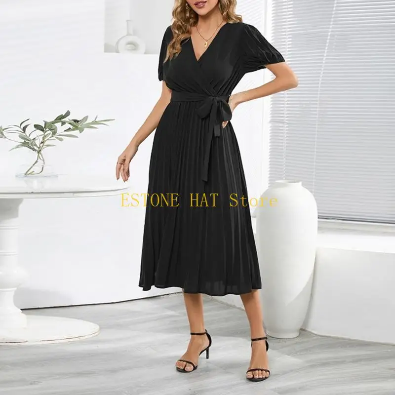 49MF Damska elegancka bufiasta sukienka z krótkim rękawem i dekoltem w kształcie litery V, plisowana, długa sukienka midi z