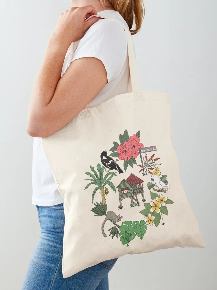 

Australian House, Animals and Flowers Tote Bag supermarket folding bag foldable reusable bag Eco eco folding