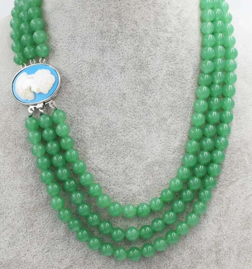 

NECKLACE 3rows green jade 10mm round necklace 18-20"