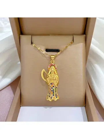 Holy Death Necklace for Saints Gold Plated Multi-color Pendant Necklace Stainless Steel Chain Christian Jewelry Santa Muerte