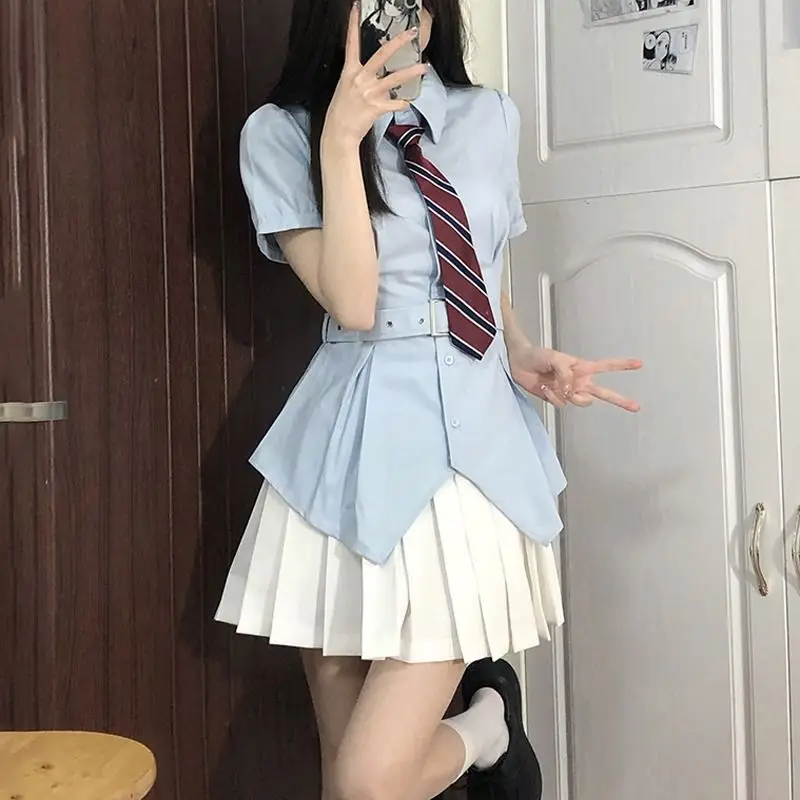 

Sweet JK Uniform Pleated Skirt Waist Slimming Pure Desire Shirt Outfit Japanese College Style Female Summer Short-Sleeved Top