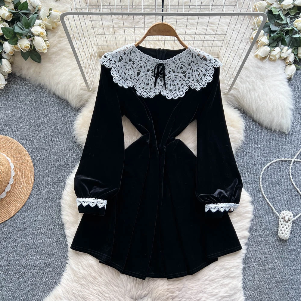 vintage Elegant long sleeve velour lace Dress Chic Vestidos Women Fashion Retro ceremony dresses