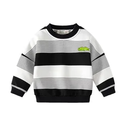 Spring Autumn Boys' Long Sleeve O-neck Embroidery Sweatshirt, Kids Striped Contrast Color Pullover Trendy Fashion Top, Ages 3-8.