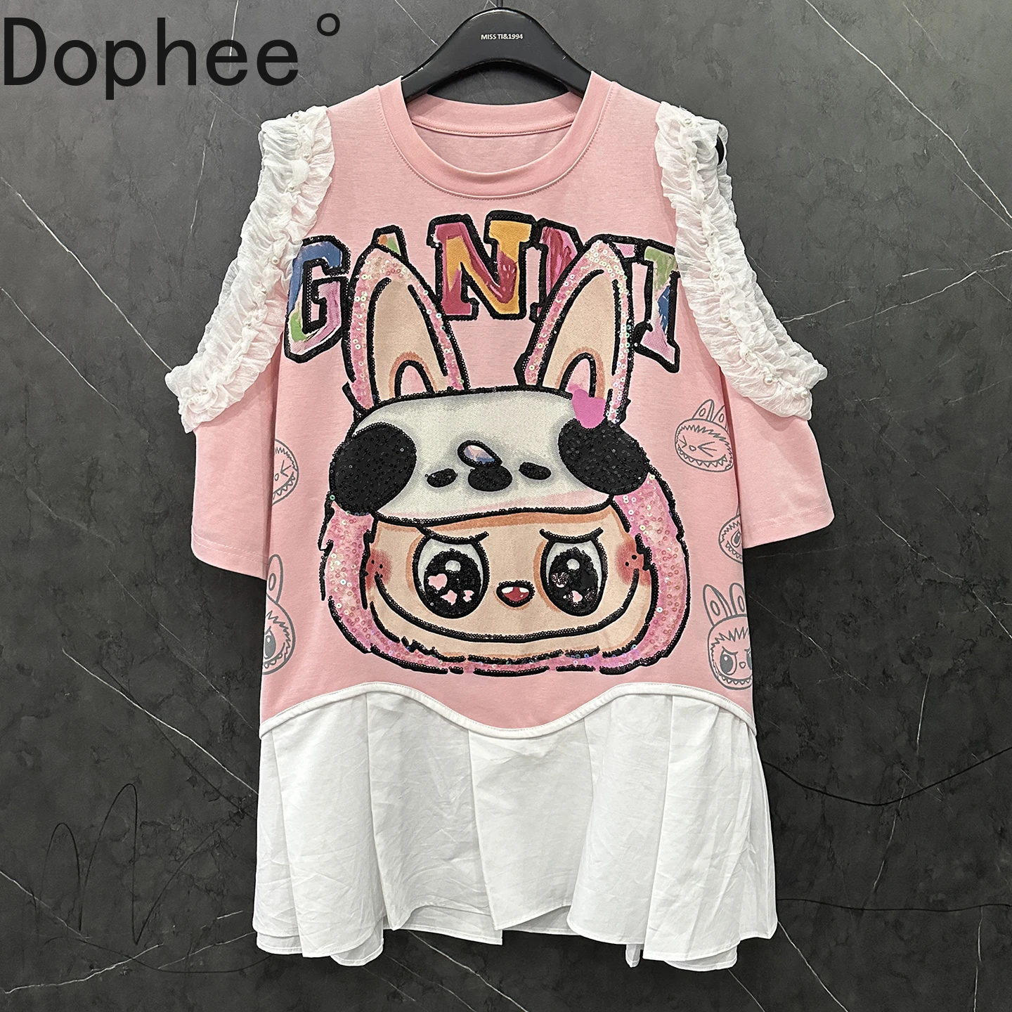 

2025 New Summer Off Shoulder Short Sleeve T-shirt Mid-long Patchwork Casual Tee Dress Sweet Round Neck Women Loose Pullover Tops
