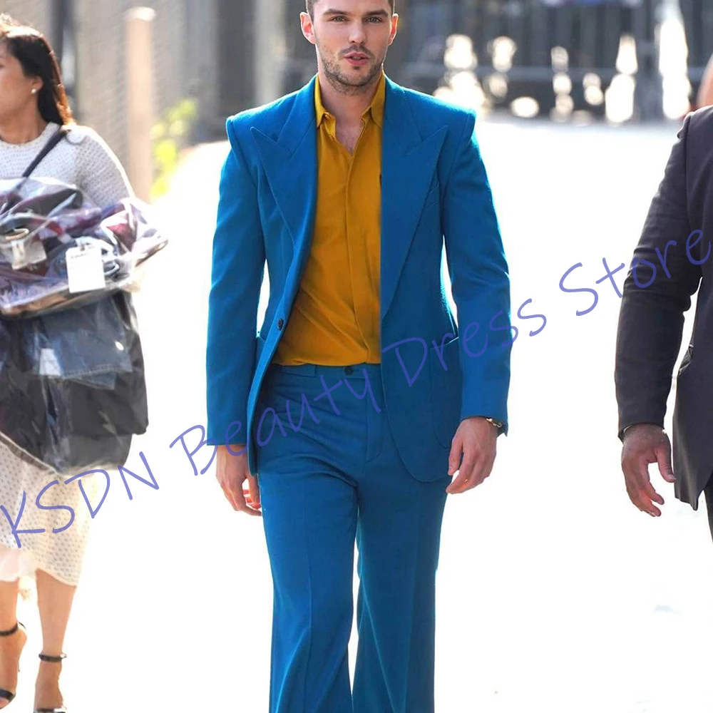 

Синий мужской костюм-двойка, приталенный комплект из куртки + брюк, модный формальный элегантный повседневный пиджак, стильный уличный костюм для вечеринки