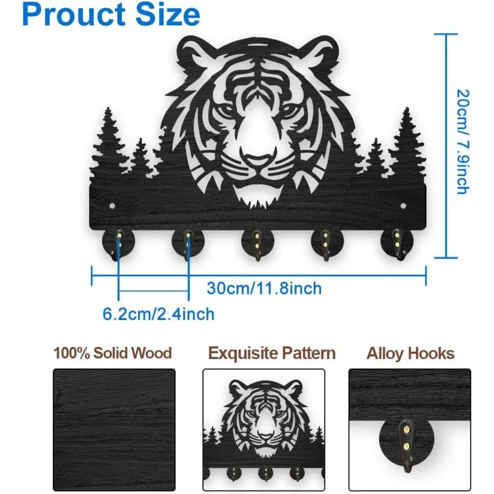 Wooden Forest Tiger Wall Mounted Key Holder Art Decor 5 Alloy Hooks 11.8x7.8inches Black Tiger Head Key Holder Animal Tree Hooks