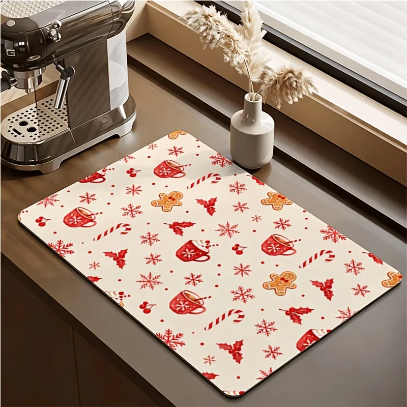 Christmas Dish Drying Mat Absorbent Kitchen Counter Mat Retro Geometric Plaid Christmas Bell Star Countertop Drainer Pad