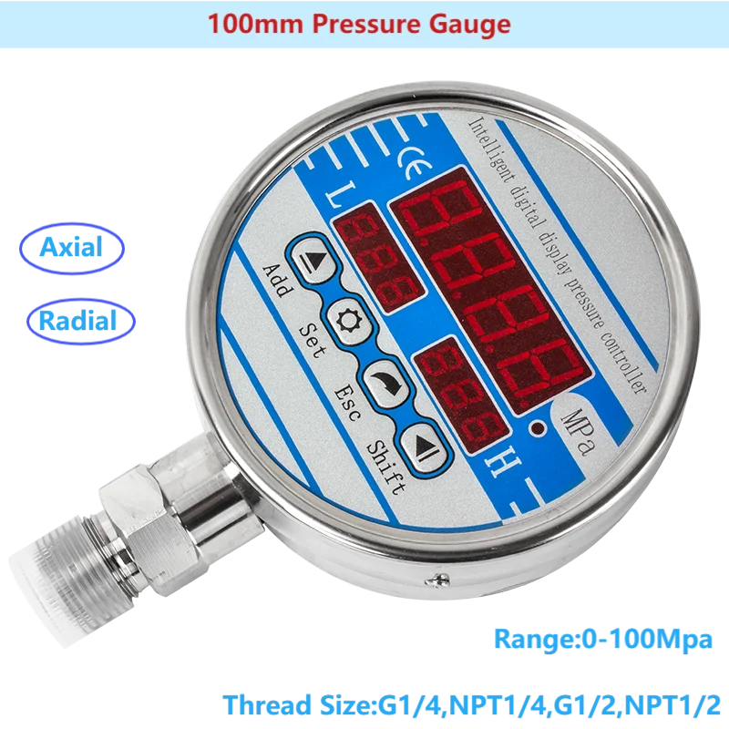 

Pressure Monameter G1/4 G1/2 Thread 100mm Dial Digital Gas/Air/Fuel/Water Intelligent Pressure Gauge 10Mpa/30Mpa/60Mpa