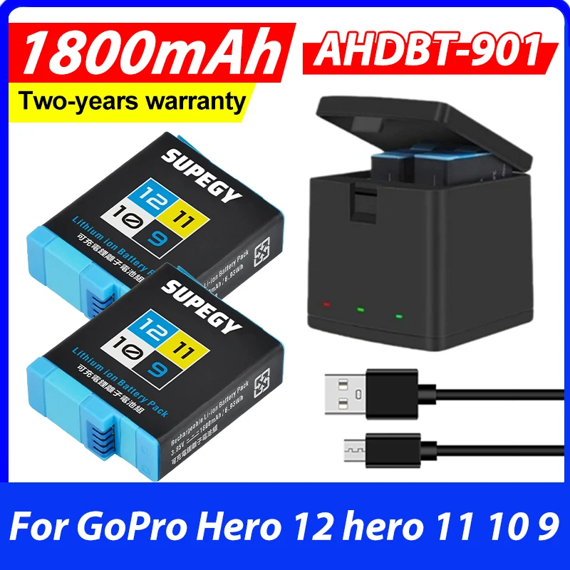 1800mAh Battery and 3-Slots Box charger for GoPro Hero 12 hero 11 10 9 GoPro Hero Camera Accessories