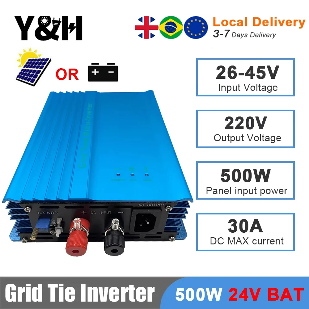 Y&H 500W Grid Tie Inverter Pure Sine Wave MPPT Micro Inverter 12V/24VDC To 220VAC for PV Panels Battery Discharge Adjustable