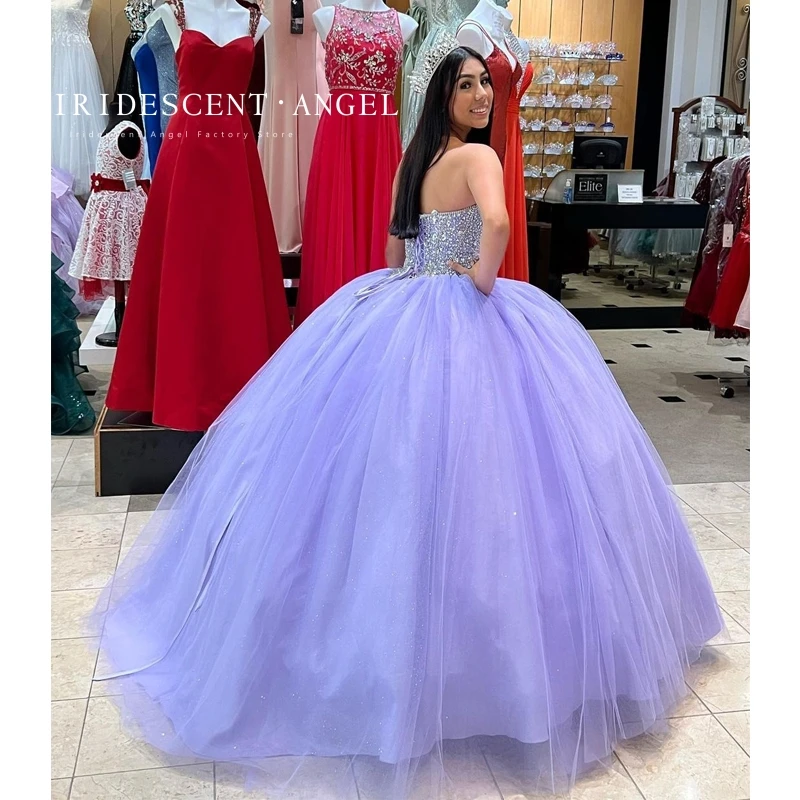 IRIDESCENT Ball Gown Light Purple Lace Up Backless Crystal 15 Year Old Quinceanera Dresses Formal Birthday Princess Prom Party