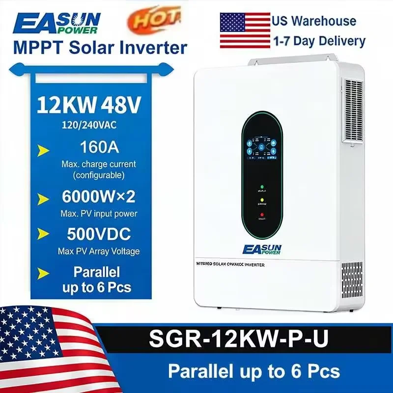 EASUN POWER 12KW 12000W Hybrid Soalr Inverter MPPT160A 500VDC PV Input 110VAC 48VDC Pure Sine Wave hybrid dual output 120V/220V parallel solar charging control for US