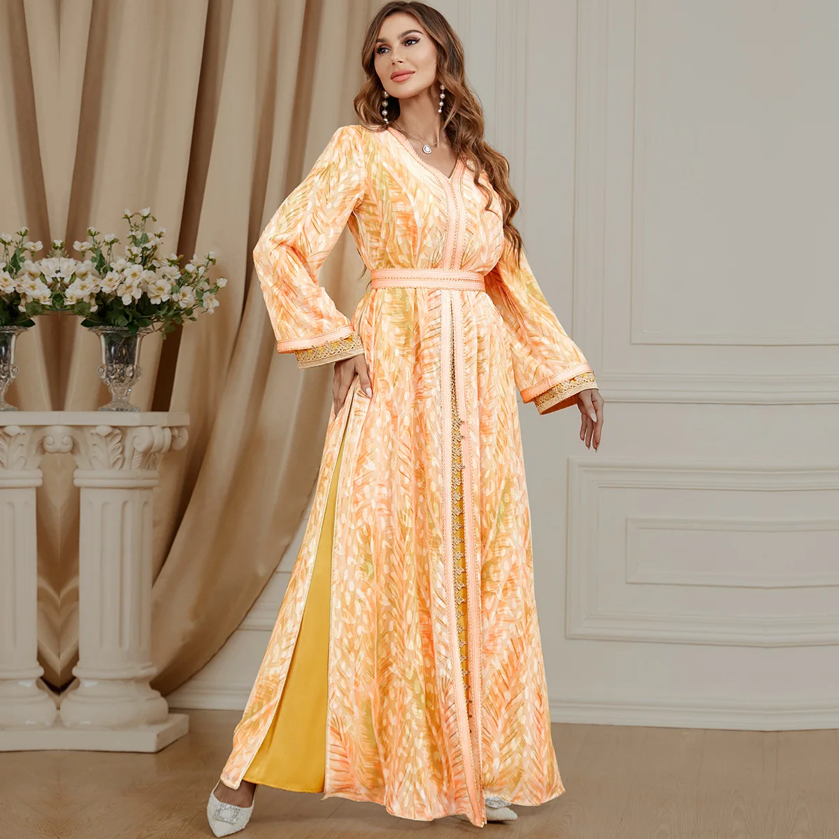 

Moroccan Dress Kaftan 2 Piece Abaya Set Evening Robe Printing Full Sleeve V-Neck Islamic Caftan Ramadan Muslim Clothing Sets