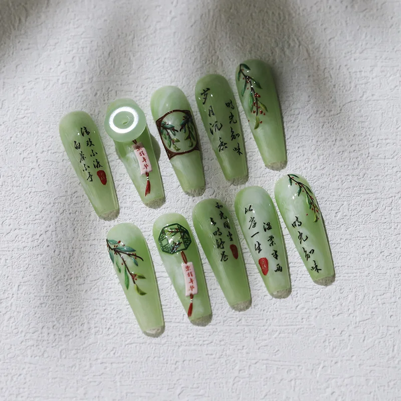 Green Branches Poetry Design 5D Soft Embossed Reliefs Self Adhesive Nail Art Stickers Chinese Style 3D Manicure Decals Wholesale