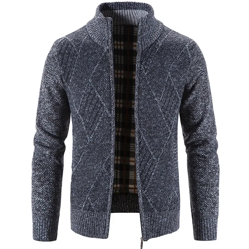 Men's Cardigan Sweater 2024 Winter New Warm Stand Collar Zipper Pure Color Casual Knitted Sweater Jacket Coat Male Clothing