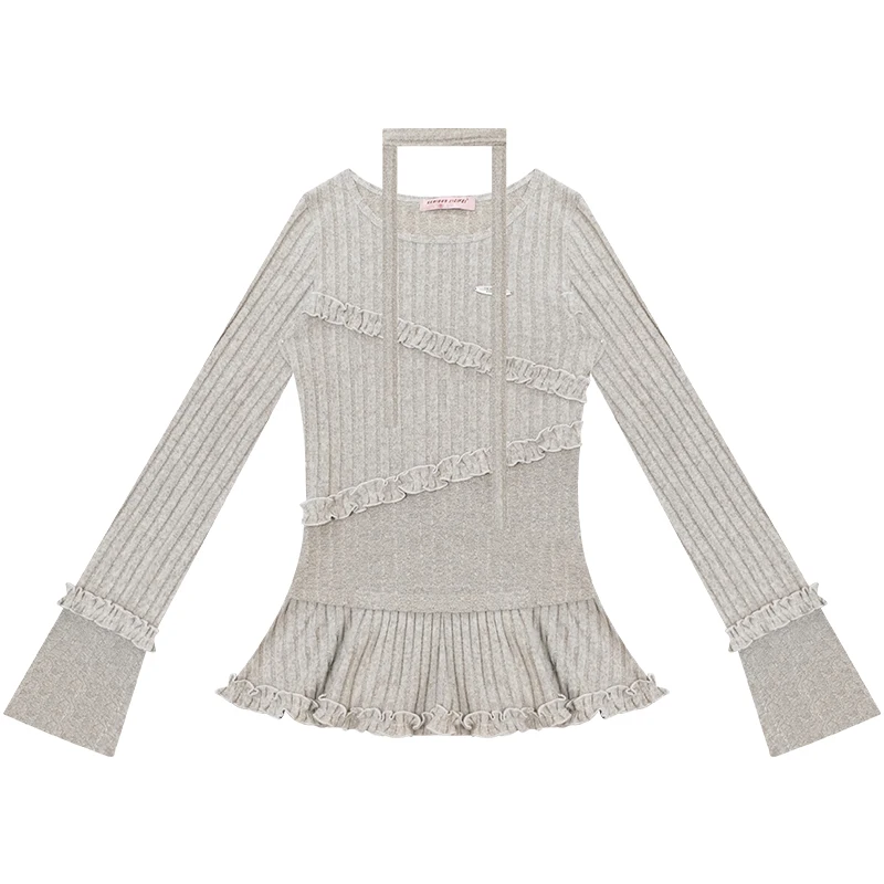 الأمريكية الرجعية تصميم غير النظامية تكدرت الدانتيل المرأة قاع قميص الخريف الشتاء جديد تنوعا بلوفر مغزول السيدات #6