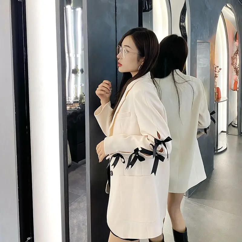 KUSAHIKI Autumn Causal Women Tailored Coat Korean Hit Color Bow Tie Hollow-out Long Sleeve Jacket 2023 New Blazers Outwear