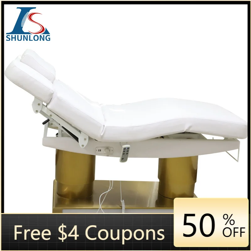 Luxury Electric Facial Bed Golden Double Column Base White PU Massage Table Adjustable Backrest Beauty Spa Bed for Salon Physiot
