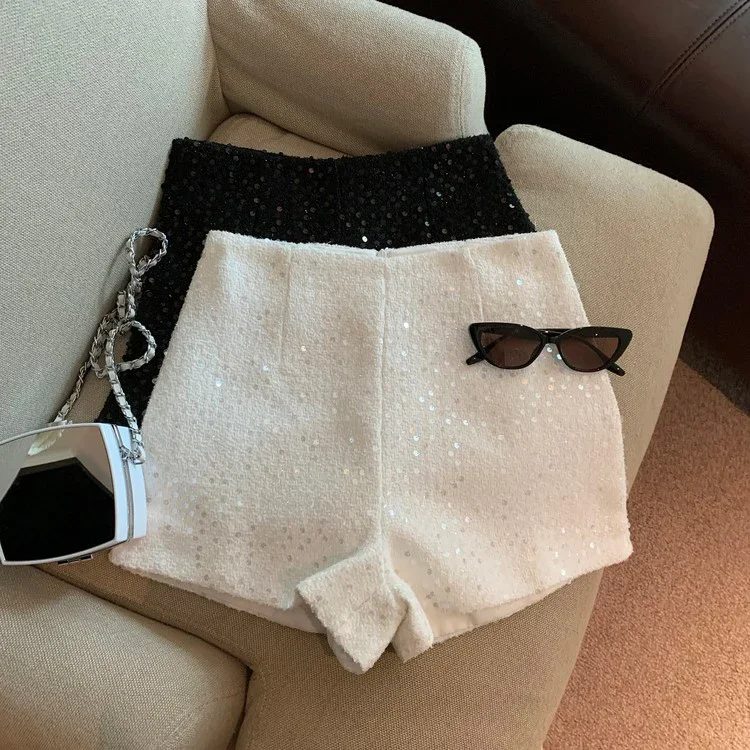 White Suits Short Femme Slim Autumn Y2k  Sequins Pants High Waisted Shorts Sexy Black  Pantalones Cortos De Mujer