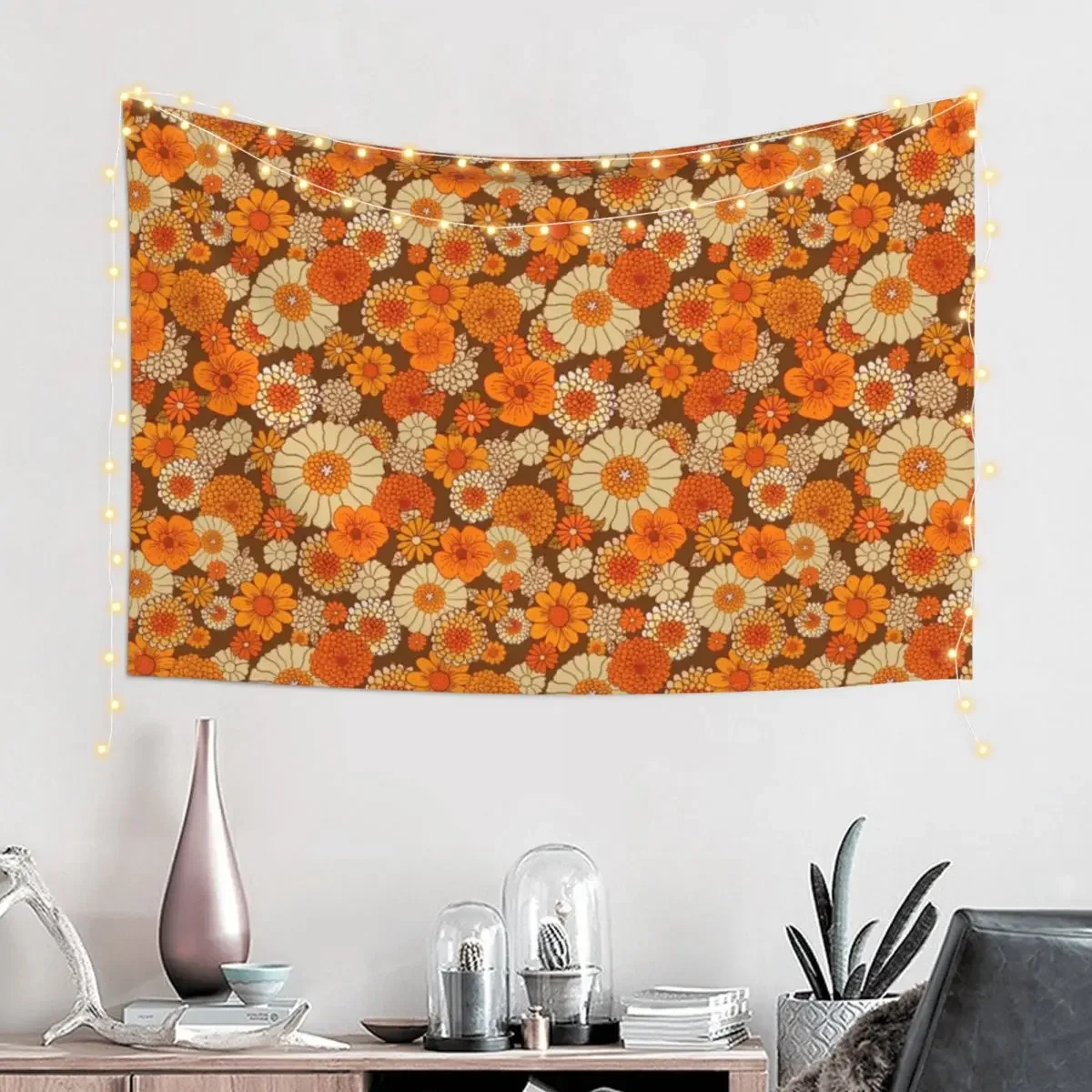 70s retro daisies, vintage flower power, orange and brown, boho, Tapestry Outdoor Decoration Bedroom Decor Aesthetic Tapestry