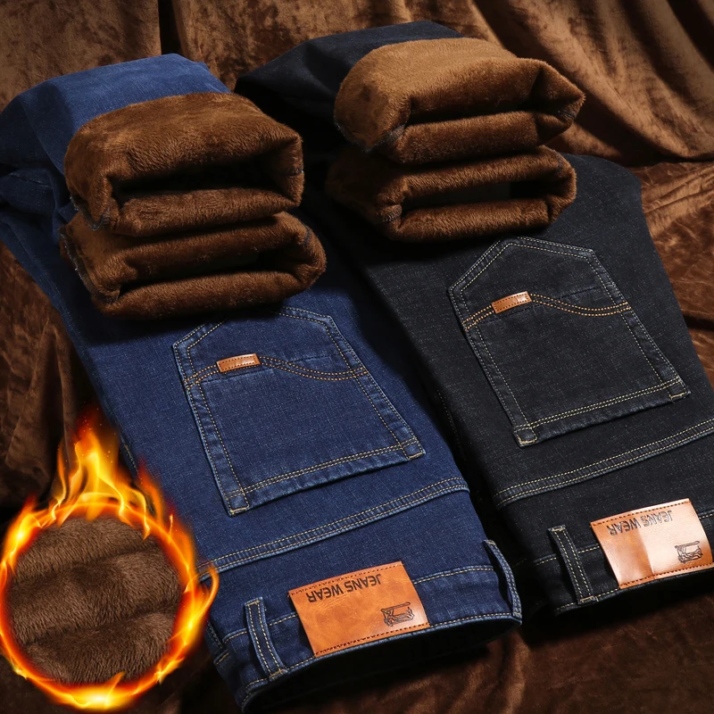 New Trousers Grey Fleece Men Clothes  Black Elasticity Warm Thinker Winter Jeans Busines  Velvet 4 Model Jeans