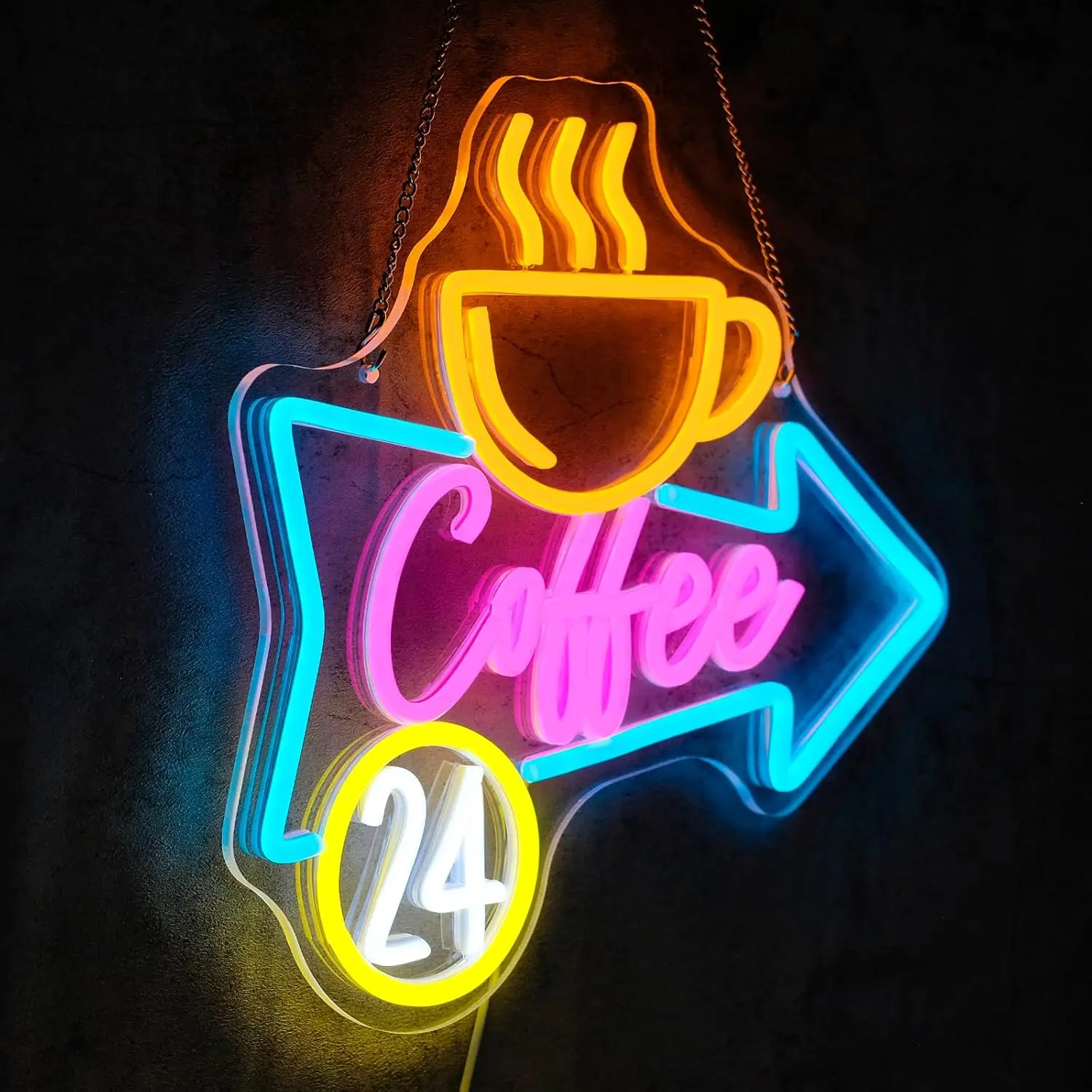 16.5x9in Coffee Time 24 Hours Neon Sign Wall Decor LED Light Bar Hotel Cafe Room Shop Convenience Store Airport Decoration Cake