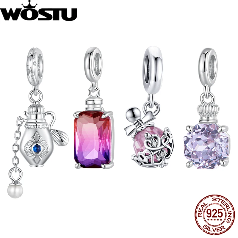 

WOSTU 925 Sterling Silver Perfume Bottle Pendant Transparent Glass White Gold Original Fit for Women Bracelet DIY Fine Jewelry