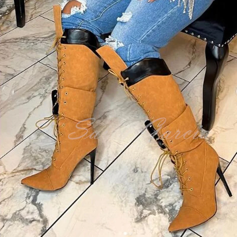 2024 New Crossed Tied Knee High Boots Pointed Toe Gladiator Lace up Double Layered Straps High Heel Boots Sexy Cool Punk Shoes