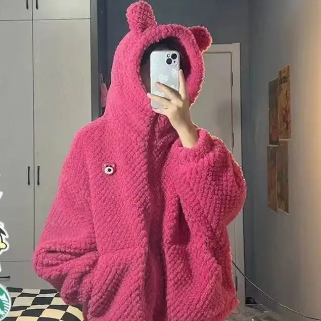 Maglione con cappuccio cappotto per capelli di agnello ragazza moda inverno Anime Cartoon Hat Decor abbigliamento studente peluche spessa giacca Casual vita ragazza