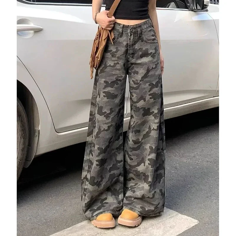 

Female Camouflage Leisure Jeans Trousers 2025 Girls Vintage Straight Leg Daily Jeans Pants Lady Fashion High Waisted Denim Pants