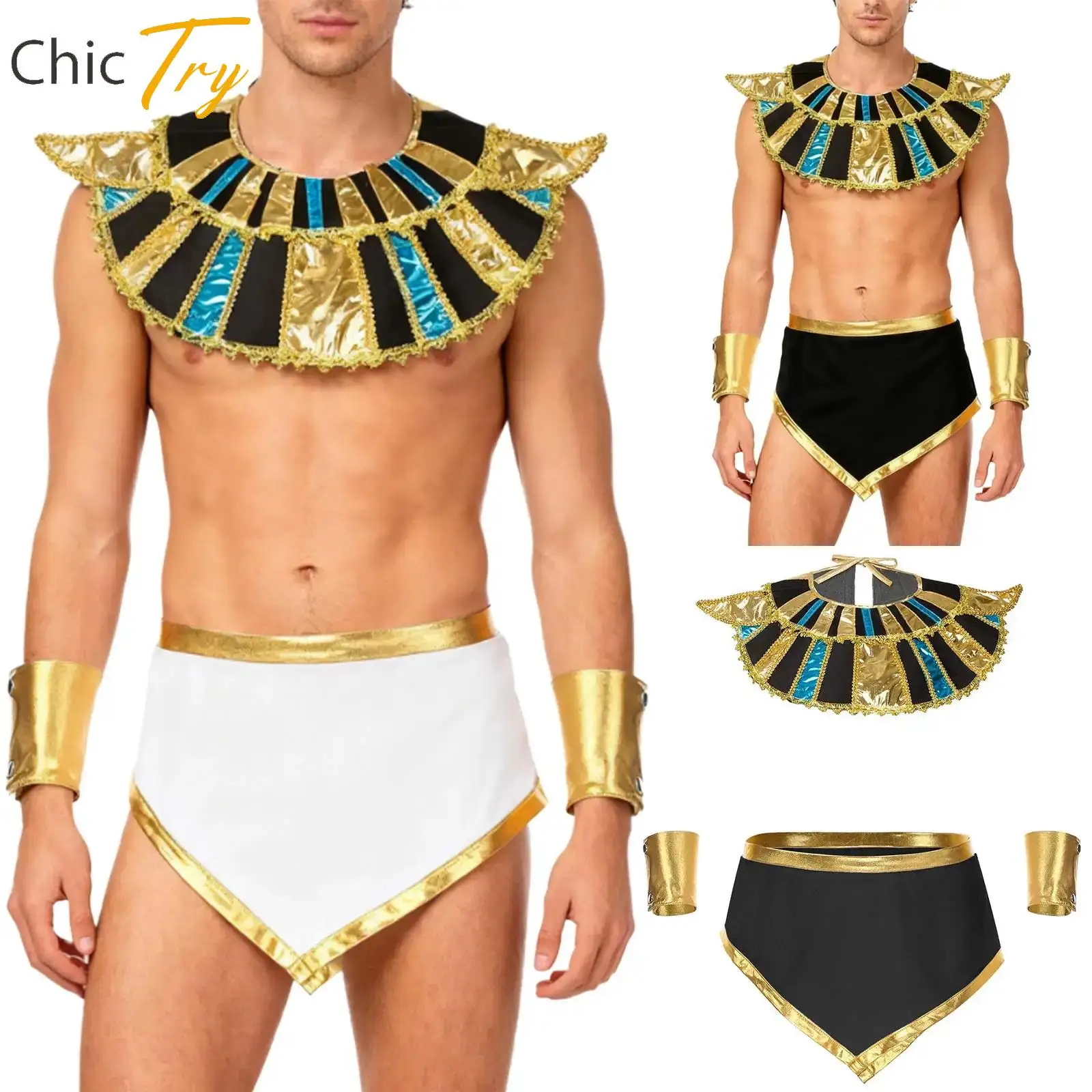 زي تنكري للرجال من مصر القديمة، تنورة ذات ياقة لامعة معدنية وأكمام جديدة لحفلات الهالوين التنكرية