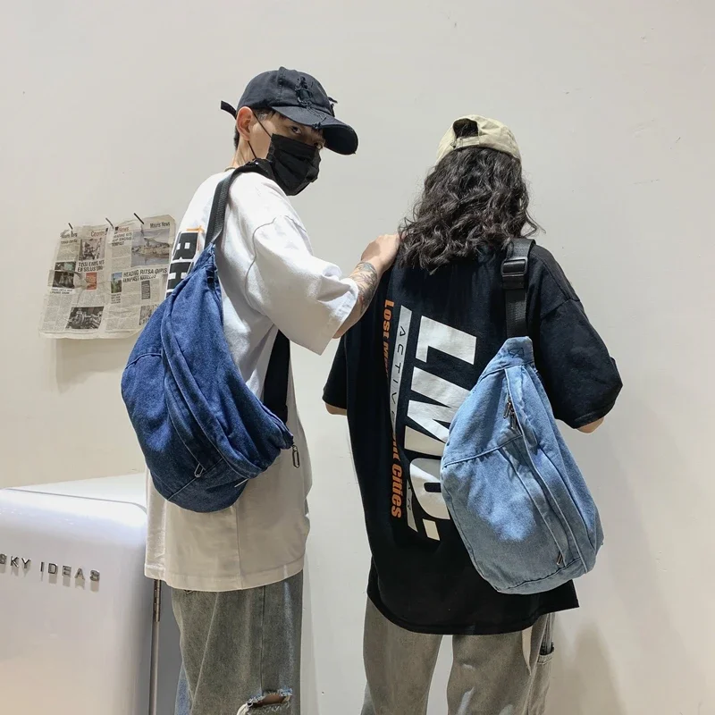 Belt Canvas Women's Bag Eco Bag Korean Messenger Bag Y2K Shoulder Cross Bag Chest Pack Zipper Purse Unisex Satchel Denim Pockets image 3