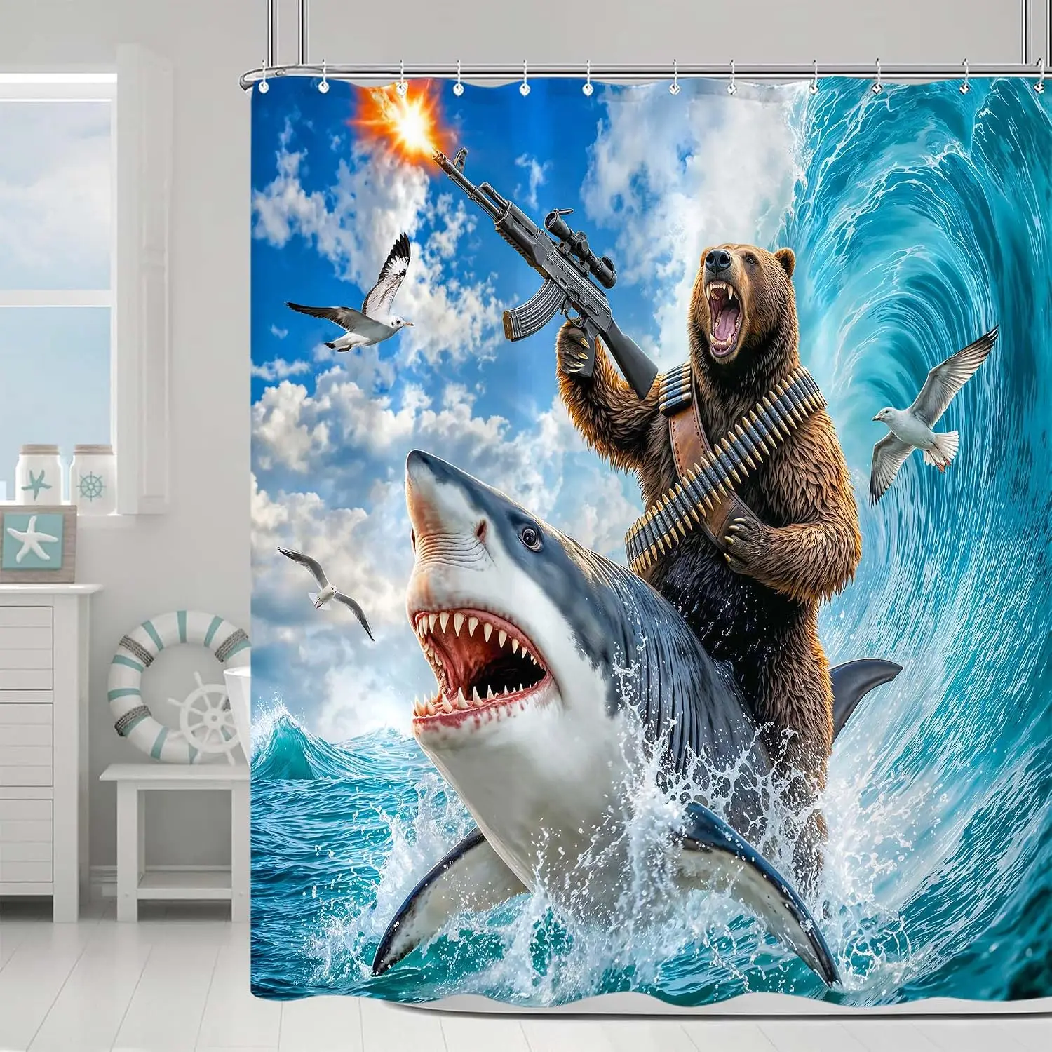 Waterproof Shower Curtain Shark Bear Battle Ocean Theme Dramatic Printed Polyester Bathroom Wall Decor Accessory