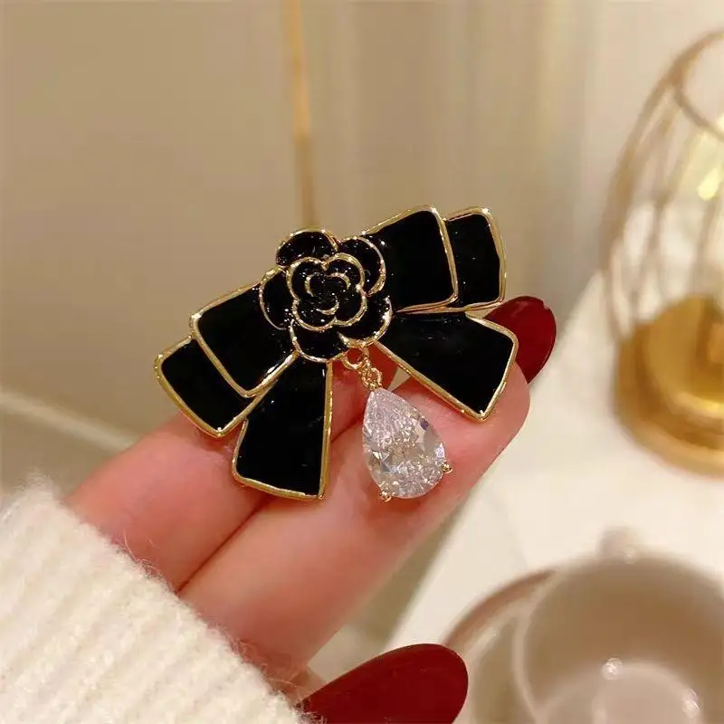 Chic Camellia Bow Brooch; Black Oil-Drip Metal; Mourning Corsage Suit Pin; French Style Scarf and Bag Accessory