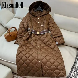 9.6 KlasonBell Women' Elegant With Sashes Quilted Argyle Plaid Down Outerwear Hooded Single Breasted Keep Warm Long Down Coat