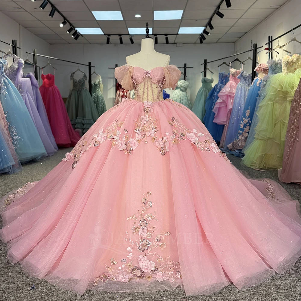 

Gorgeous Pink Quinceanera Dresses 3D Flowers Scoop Vestido De 15 Años Princess Sweet 16 Gown Customized Court Train Lace Up Back