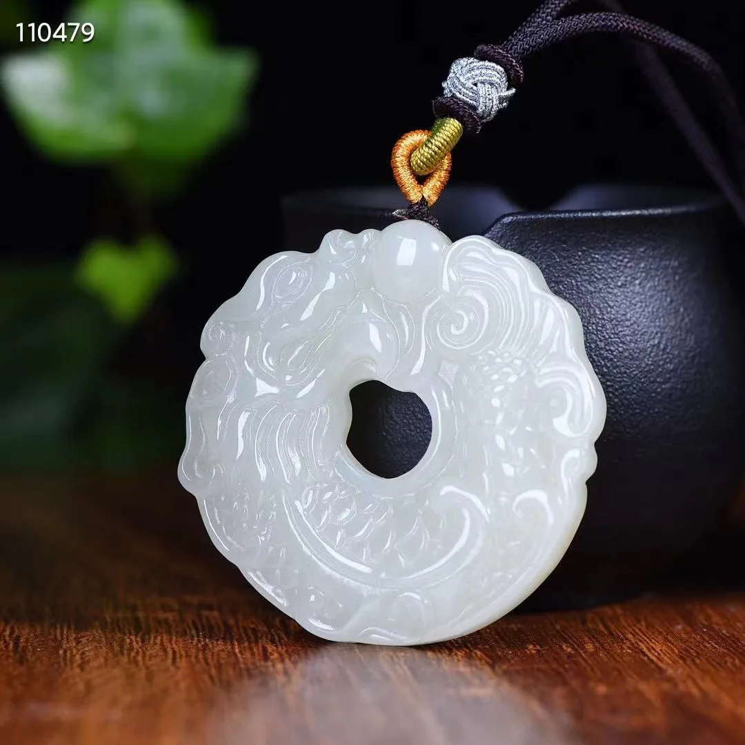 

Natural 100%real white hetian jade carve dragon arowana Bless peace pendant jewellery Handle piece for men woman gifts good luck