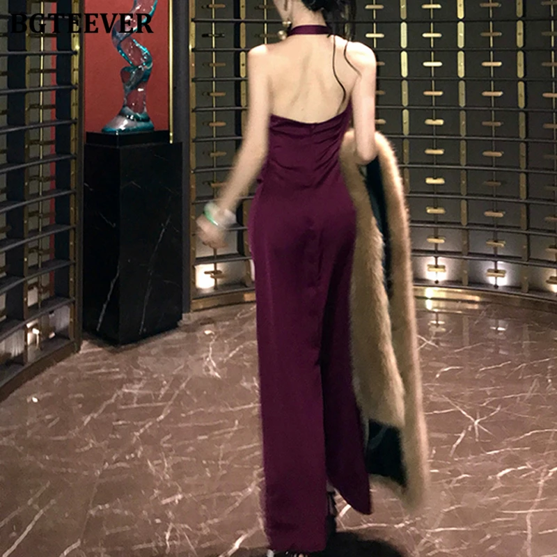 BGTEEVER, moda de verano, cintura delgada, paquete sin espalda, vestido de satén a la cadera para mujer, elegante vestido de fiesta sin mangas con cuello Halter