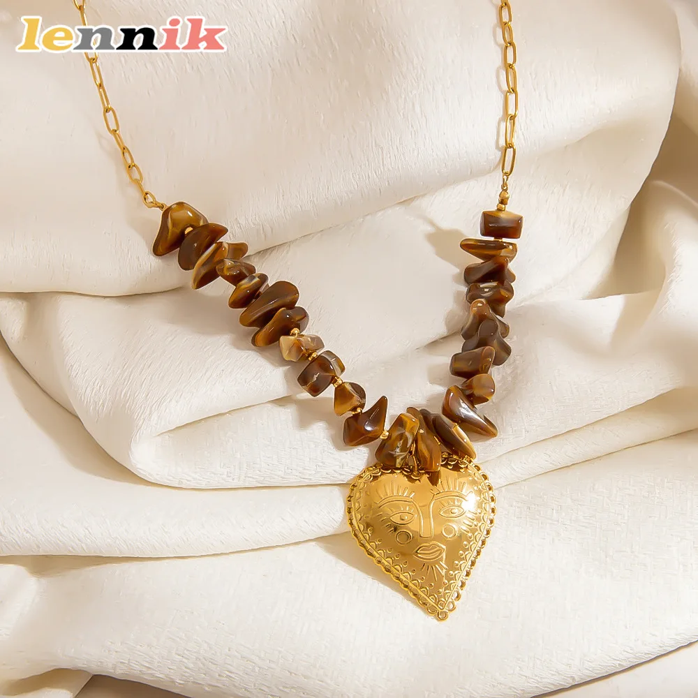 LENNIK الراقية قلادة قلادة، الفولاذ المقاوم للصدأ التيتانيوم الصلب، قلادة القلب العنبر، الخريف الشتاء ضوء المجوهرات الفاخرة