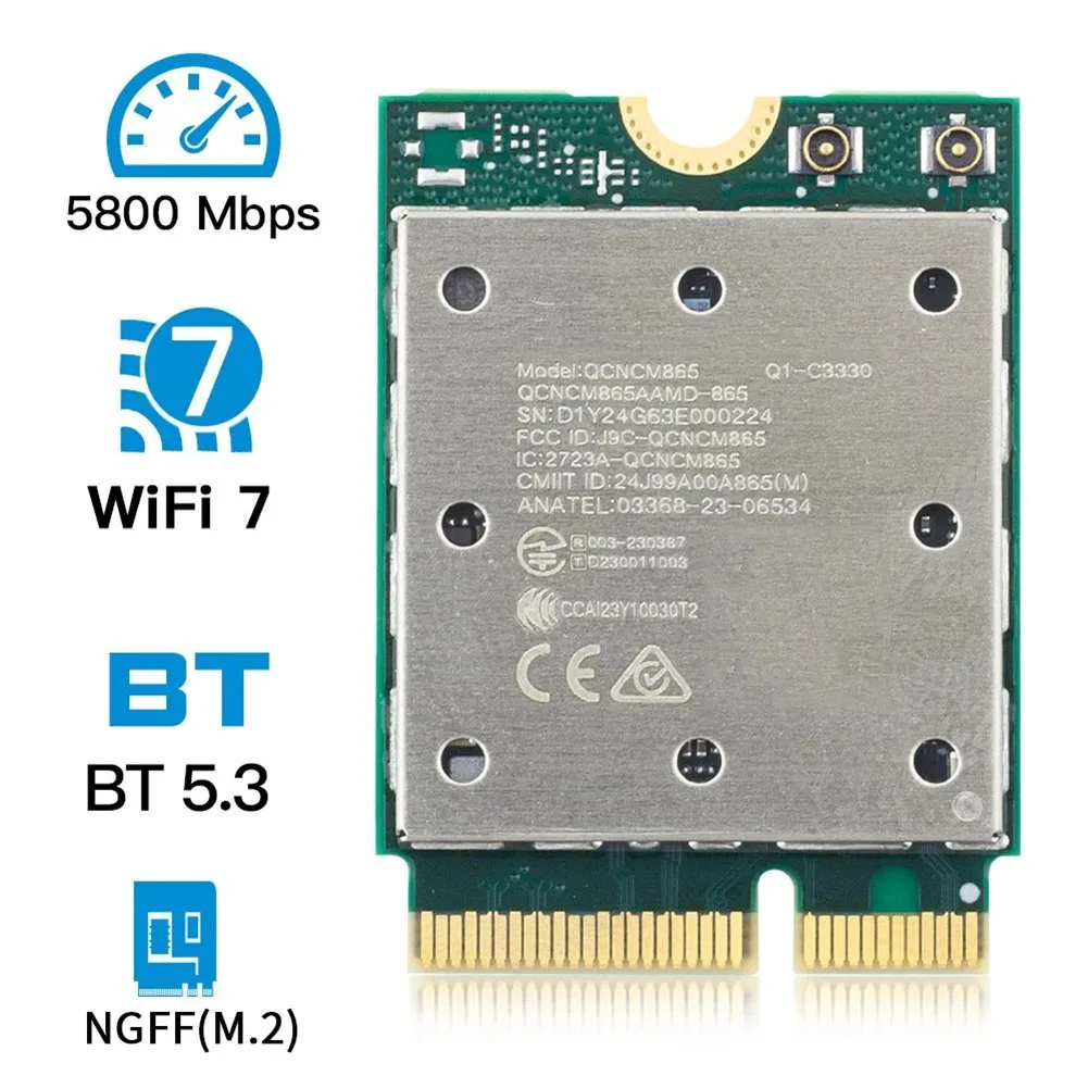 WiFi 7 QCNCM865 For M.2 2230 Wireless Network Card 2.4G 5G 6GHz 5.8Gbps BT 5.3 Adapter For PC For Laptop Desktop Motherboard