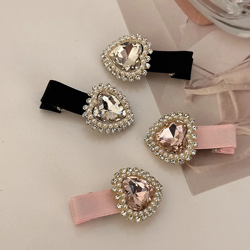 Korean Love Rhinestone Fabric Art Duck Mouth Clip Sweet and Versatile Side bangs Clip Hair Accessories Women's Pink Hair Clip
