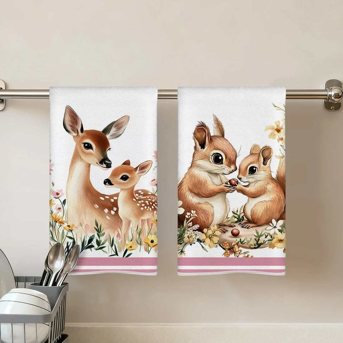 Paquete de 2 Toallas de Cocina con Estampado de Ciervos y Ardillas, Toalla de Mano Absorbente de Tela de Rizo de Poliéster para Cocina, Baño y Decoración del Hogar