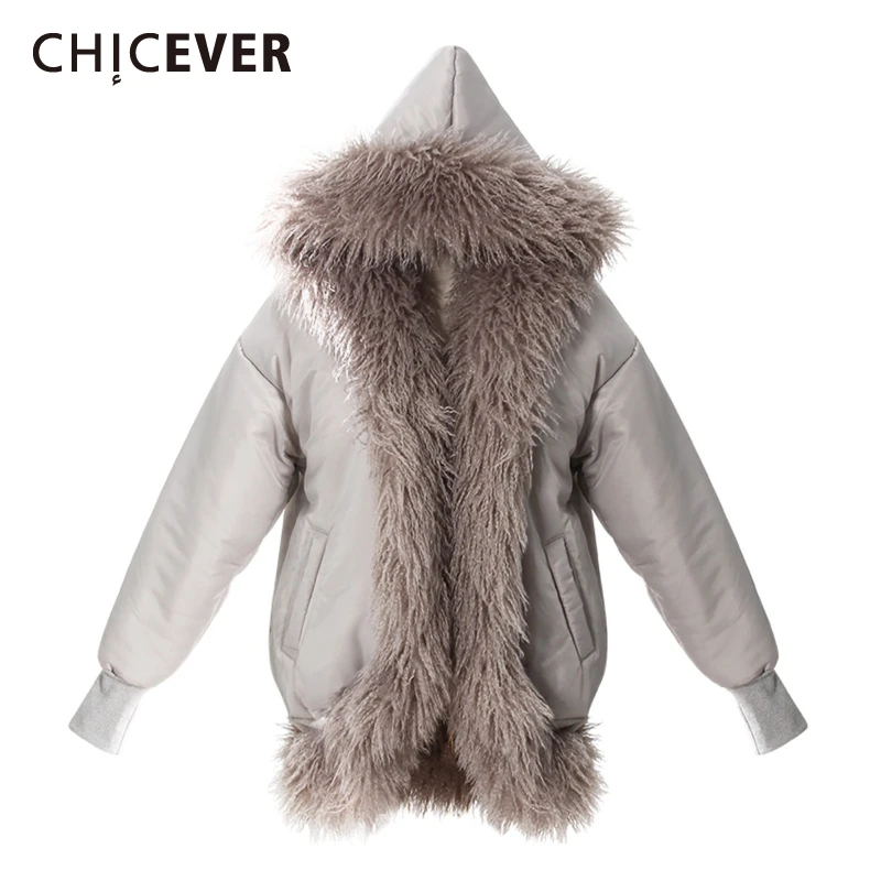 

CHICEVER серая куртка в стиле ретро со сращенным мехом, женская куртка с капюшоном и длинным рукавом, свободные минималистичные повседневные женские куртки, зимняя мода, стиль