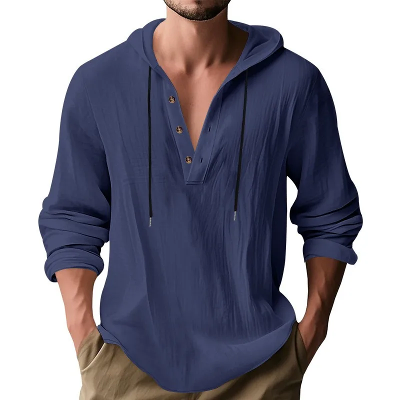 Loose Fit Henley Linen Button Front Henley Shirt Drawstring Hood Long Sleeve Henley Solid V Neck Casual Henley Men's Top
