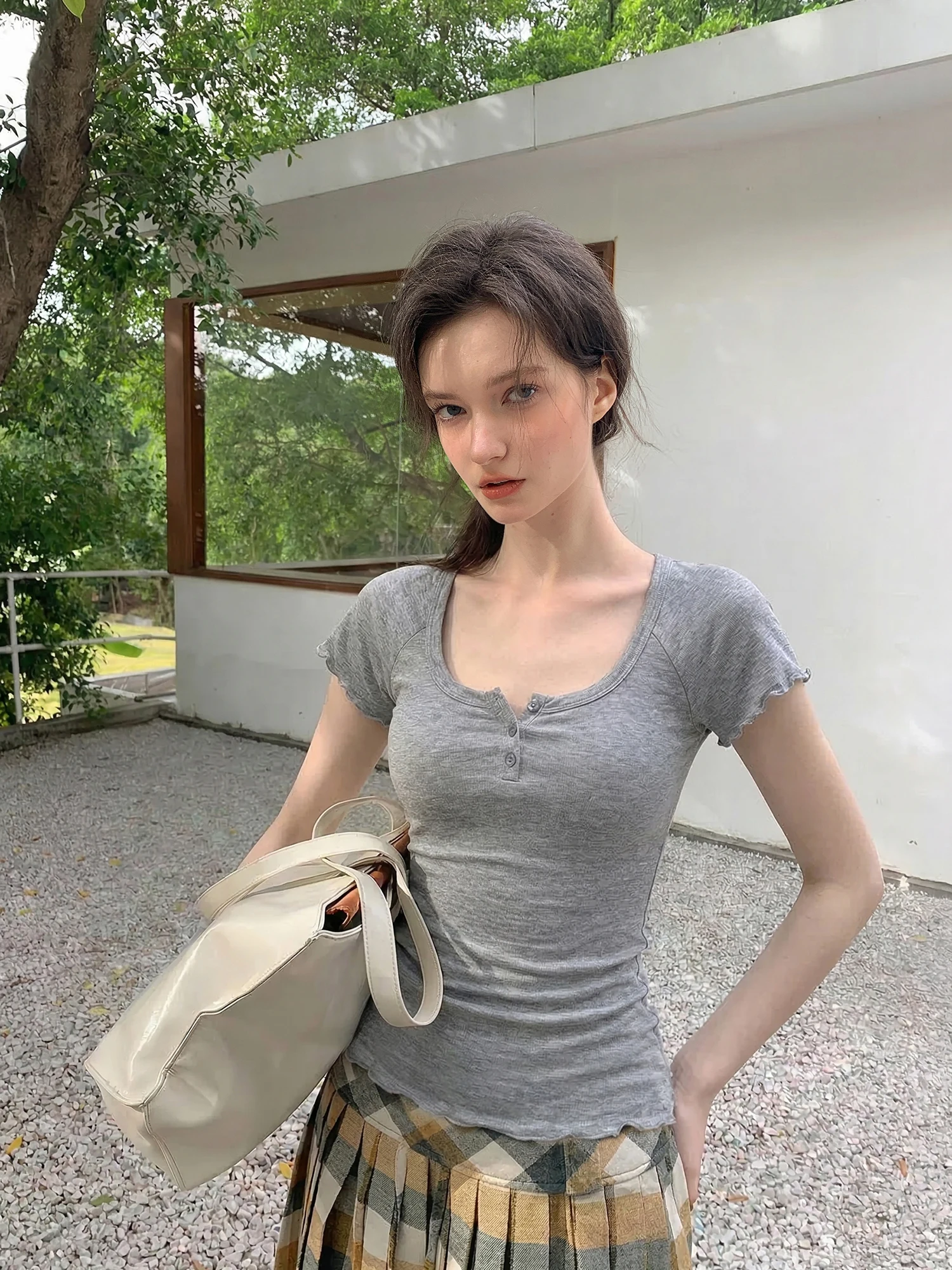 

CRUCREAMSU Summer Slim Fit Short Sleeve T-Shirt Women's U Neck Button Wood Grain Casual Breathable Fashion Top