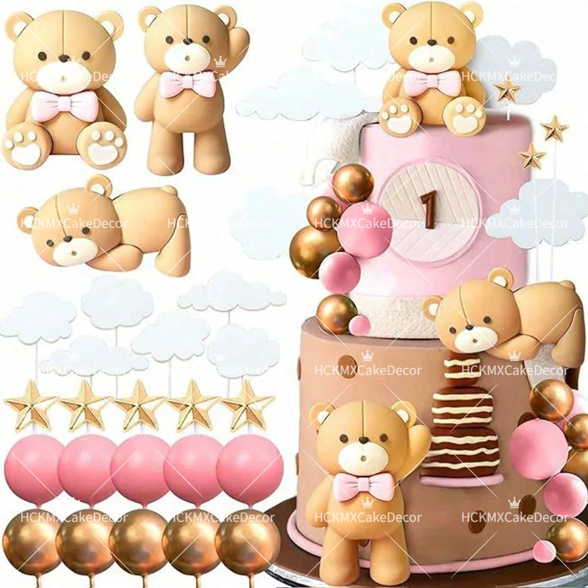 

1set Bear Cake Topper Set Neutral Teddy Bear with Cloud & Gold Balls Cake Decor for Baby Shower 1st Birthday