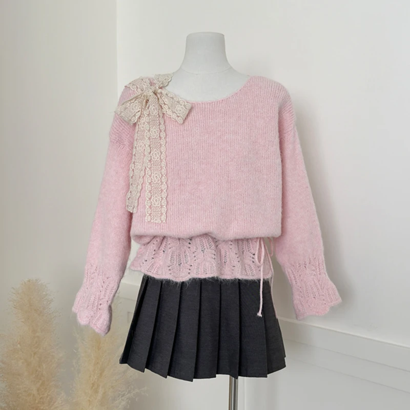 Кружевной ажурный вязаный свитер, фиолетовый, с длинным рукавом, женская одежда, свободный повседневный трикотаж с поясом и тонкой талией, вязаный джемпер