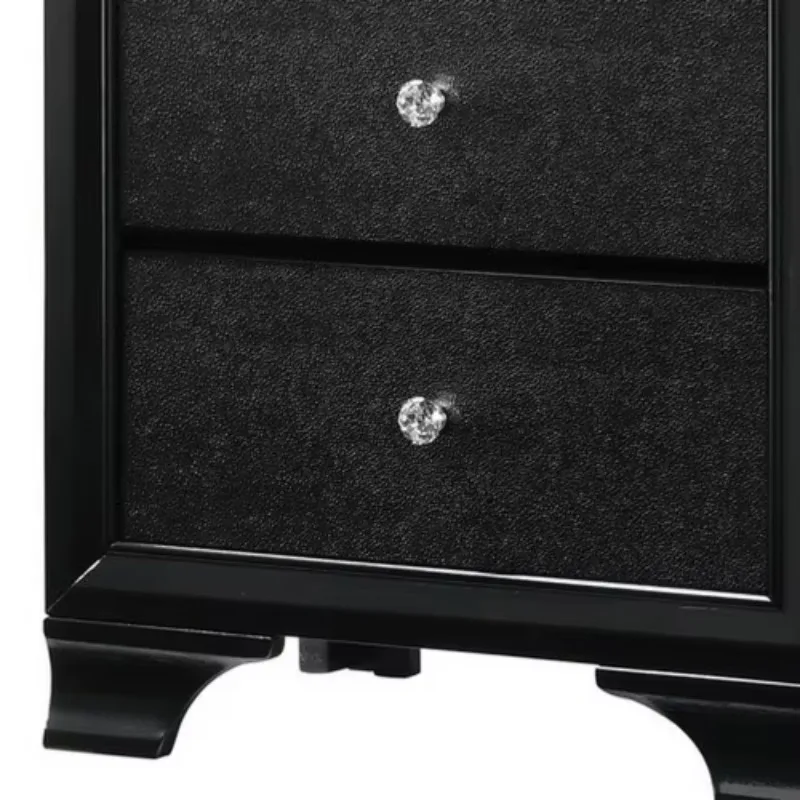 Drawer Wooden Nightstand with Textured Details and Crystal Pulls Black