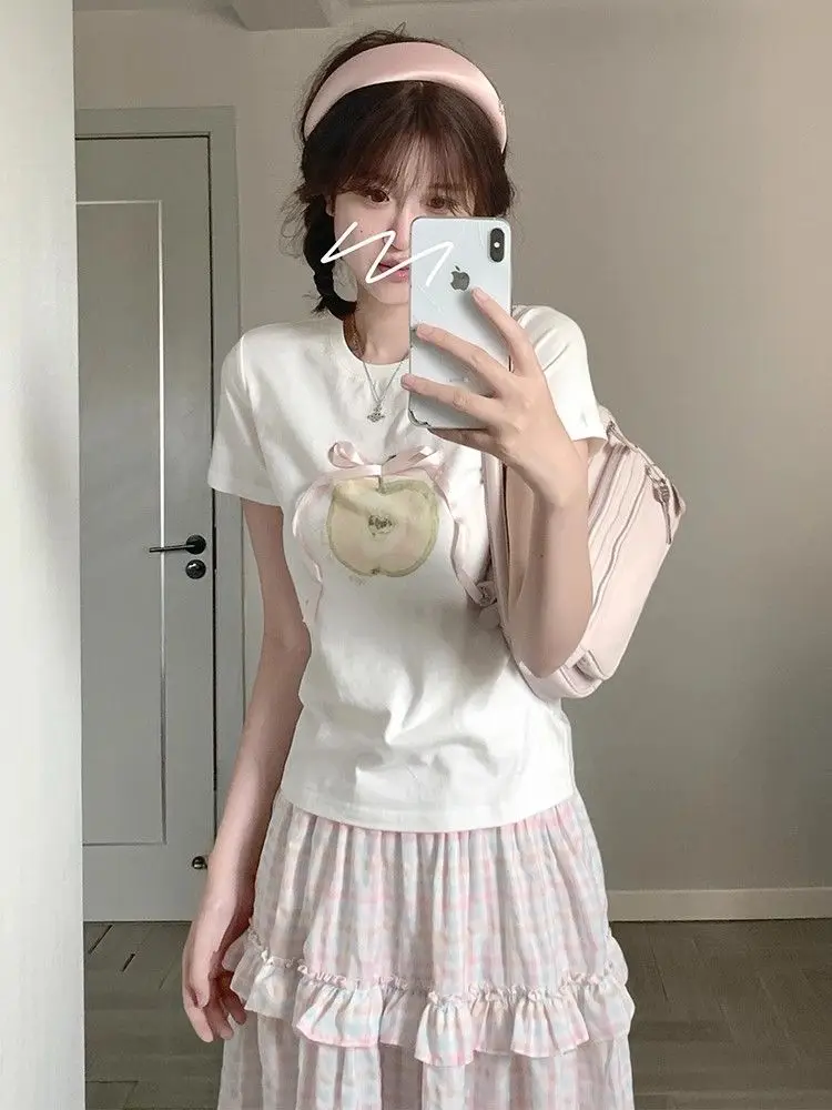 Kimotimo Sweet Bow Printed Short Sleeve White T-shirt Women Japan Style Round Neck Slim Fit Crop Top Summer Versatile Y2k Tees